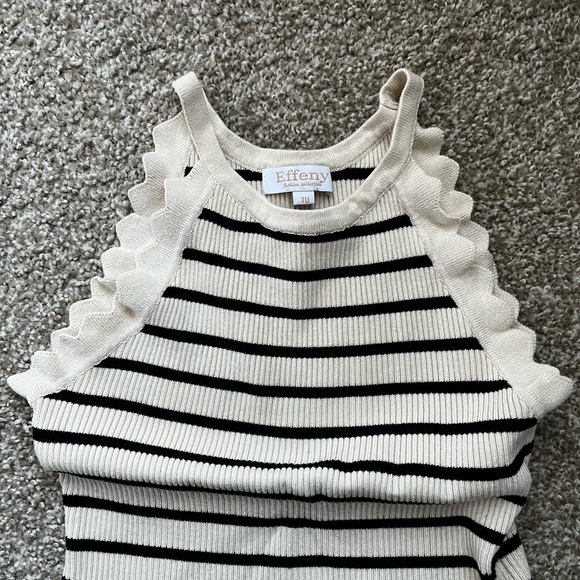 Striped Black and White Women's Sweater Top with scalloped edges - Picture 3 of 7
